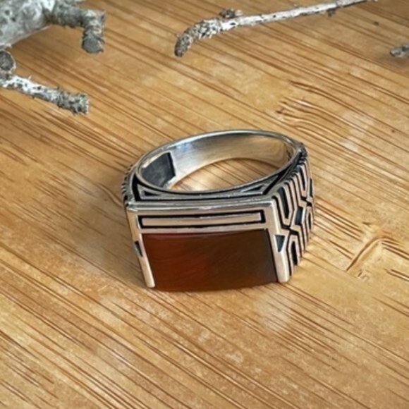 925 Sterling Silver Men's Ring With Agate Stone - Picture 11 of 12
